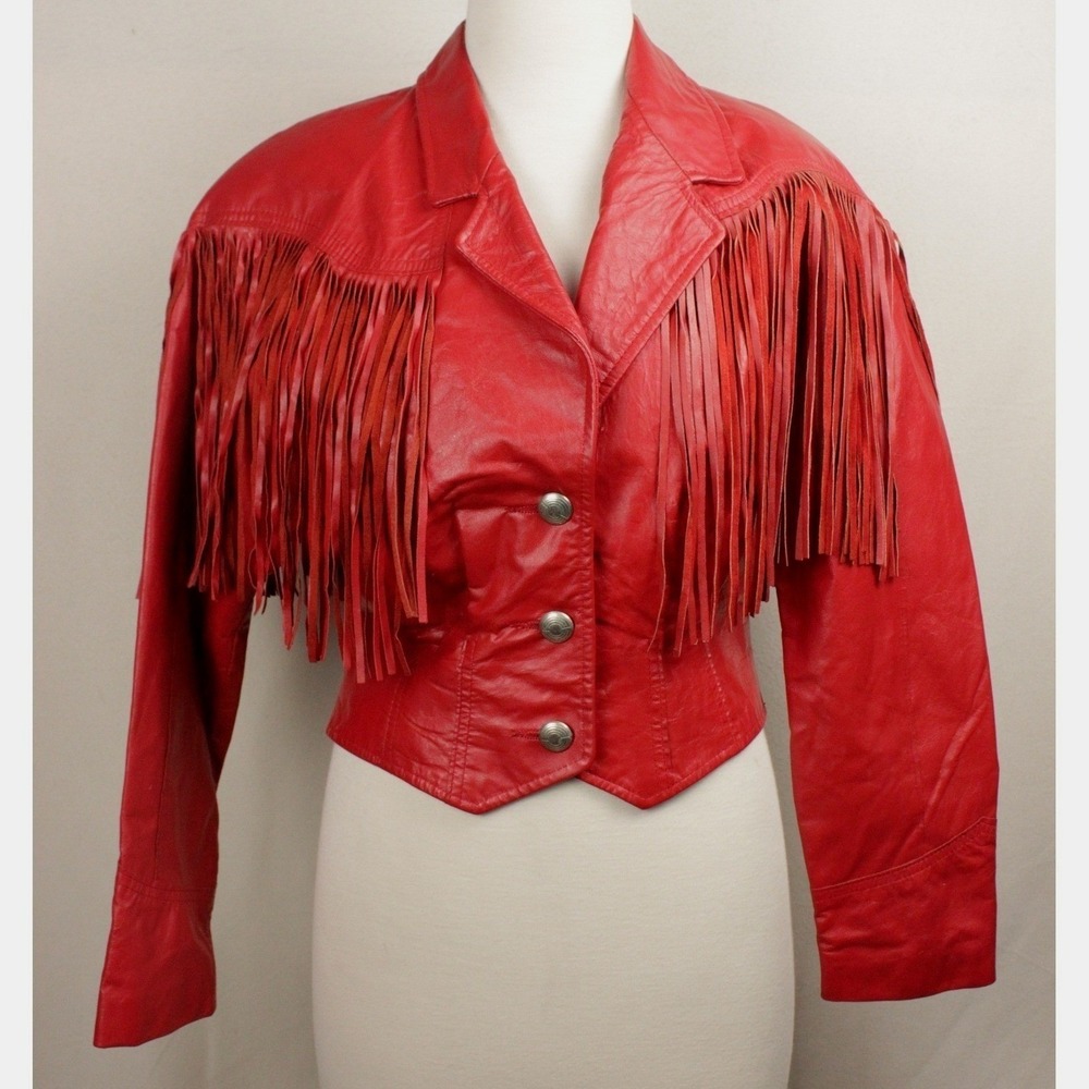 Vintage Pioneer Wear Red Leather Fringe Jacket–80s Western Cowhide Women's